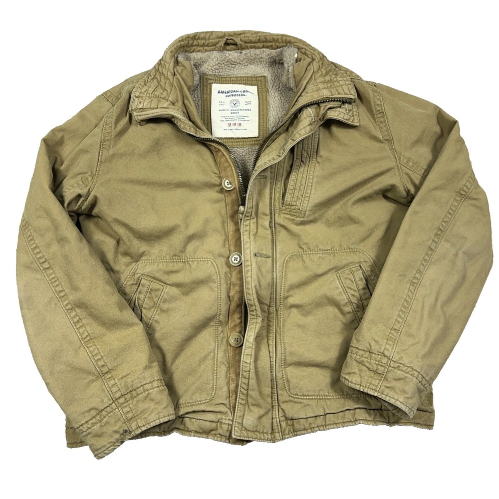 Vintage Y2K American Eagle Jacket Men Medium Tan Bomber Field Coat Fleece Lined
